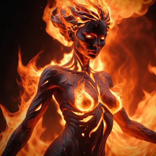 Prompt: (female humanoid fire elemental), body covering blazing flames, body of magma,  ethereal glow, flickering light, fiery aura, intense heat, swirling embers, charred ground, vibrant orange and red tones, high-contrast lighting, dramatic shadows, mystical atmosphere, otherworldly, inferno background, ultra-detailed, 4K, fantasy art, epic scene, high-intensity, mesmerizing blaze, darkened surroundings, smokey tendrils