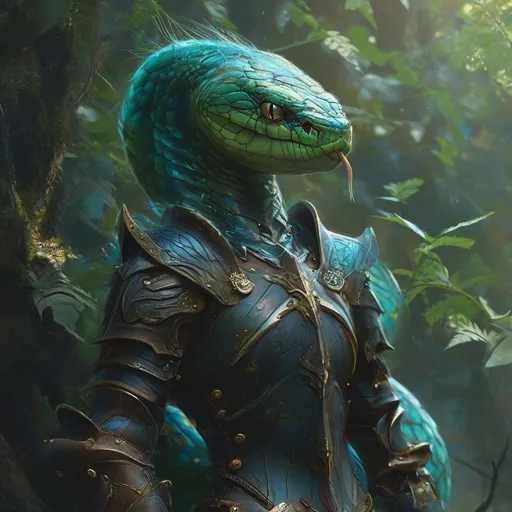 Prompt: humanoid snake hybrid, blue and green scales, medieval fantasy setting, dynamic pose, wearing intricate leather armor, scales glistening under soft light, vibrant green foliage in the background, whimsical atmosphere, fantastical elements around her, high-quality illustration, mystical ambiance, nature entwined with armor, (Dramatic color contrast).