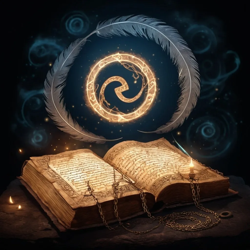 Prompt: Ancient spell tome, magical glow, , ancient writing, tome floating in the air, illuminating magical swirls, detailed illustration, high quality, magical, ancient, illuminating runes, chains, floating, detailed, atmospheric lighting, writing feather, ancient markings, magical cirkel