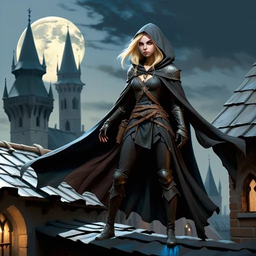 Prompt: Medieval fantasy, blonde female assasin in the shadows , rooftop, full body, fantasy, oil painting,  dark cloak, fantasy, , high quality, detailed, atmospheric, old world charm, dark lighting,  mystical aura, anton piek, misty, moonlight