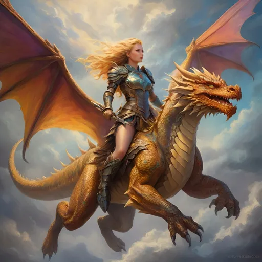 Prompt: Dragon rider Valkyrie in realistic oil painting, flying through the sky, majestic dragon with vibrant scales, ethereal wings, flowing golden hair, fierce expression, mythical landscapes, high fantasy, oil painting, vibrant colors, epic scale, detailed armor, stunning face, atmospheric lighting, professional, highres, fantasy, oil painting, dragon rider, Valkyrie, flying, majestic, ethereal, fierce expression, vibrant colors, high fantasy