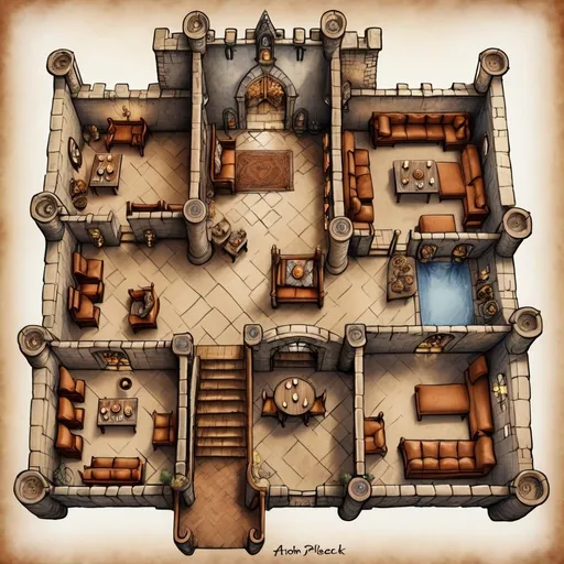 Prompt: Top view floor plan of a medieval fantasy castle, Anton Pieck style sketch, detailed interior layout, cozy and rustic atmosphere, warm earthy tones, furniture, chairs and tables, entrance, throne room, drinks and meals, whimsical decorations, high quality, detailed sketch, antique style, rustic, cozy atmosphere, warm earthy tones, detailed interior,  whimsical decorations