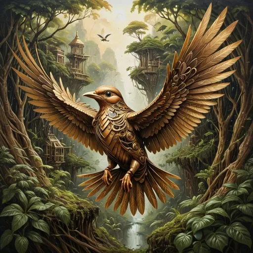 Prompt: (mechanical jachdaw bird) flying through lush, intricate trees, intertwined with (futuristic) elements, rocky landscape dotted with unique vegetation, dynamic movement and energy captured in the scene, brilliant golden and copper hues contrasting with dark earthy tones, (oil painting) style, (ultra-detailed) textures creating an immersive atmosphere, evocative of adventure and exploration, rich contrast and depth.