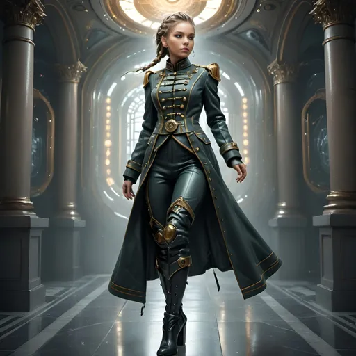 Prompt: photo realistic Full-body female in detailed ceremonial high ranking millitary suit, buttoned coat, futuristic  leather boots, gorgeous face, braided hair, imposing, glowing charm, high-quality, detailed features, elegant pose, magical radiating lines, fantasy, ethereal lighting