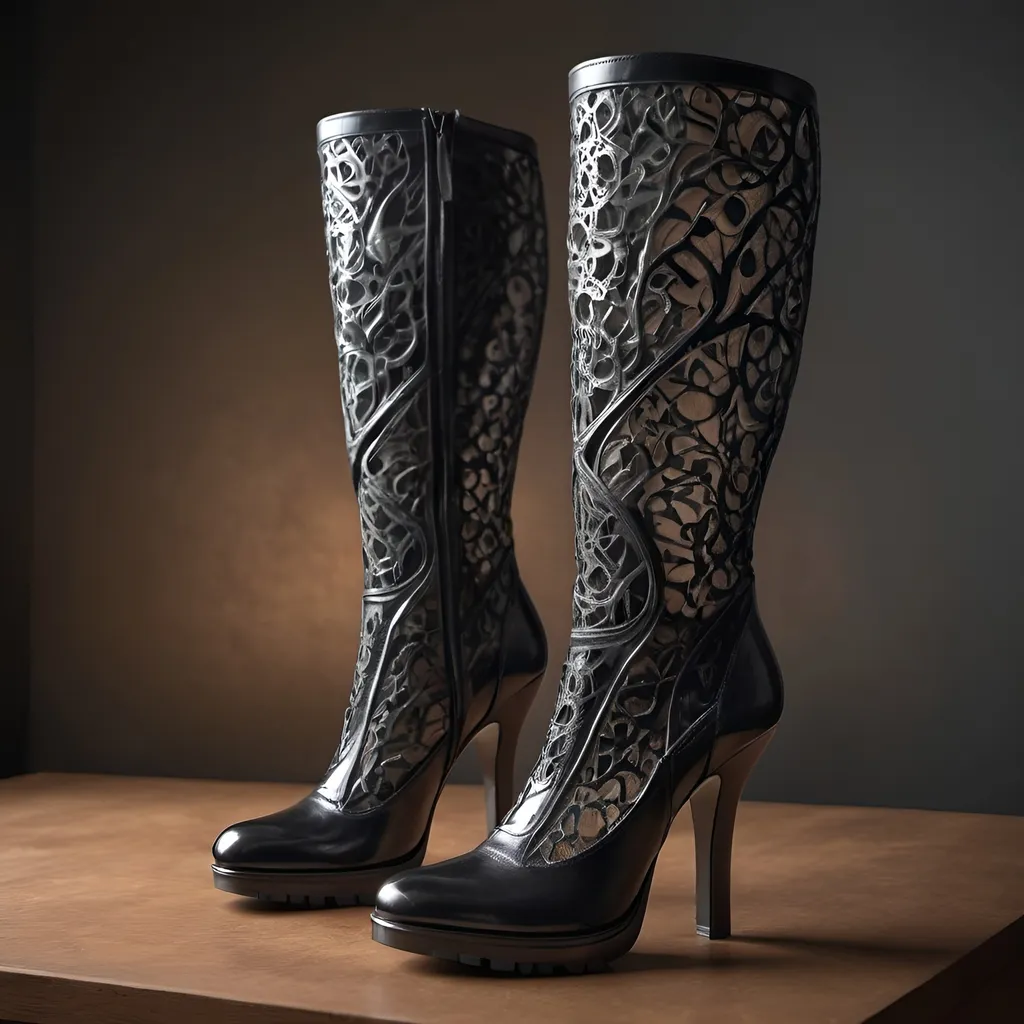 Prompt: (glossy highly detailed high heel calf high leather adventure boots), flowing curves, see trough mesh elements, open designe medieval fantasy, (elegant design), luxurious finish, soft reflections, skintight fit,  dynamic angles, captivating visual appeal, (ultra-detailed), warm lighting, immersive atmosphere