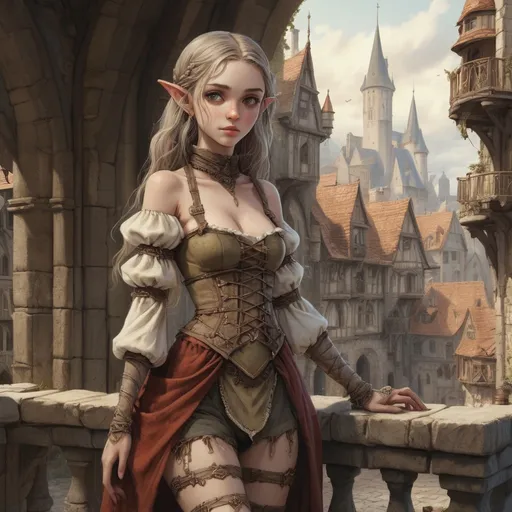 Prompt: (depiction of a bound slave elf girl), wearing an intricate medieval maid's outfit, nostalgic (Anton Pieck-inspired architecture) in the background, torn clothing, showcasing whimsical details, charming warm tones, and rich textures, a fantasy ambiance, enchantingly detailed, evoking a sense of wistful beauty, high-quality (4K), ultra-detailed, magical atmosphere.