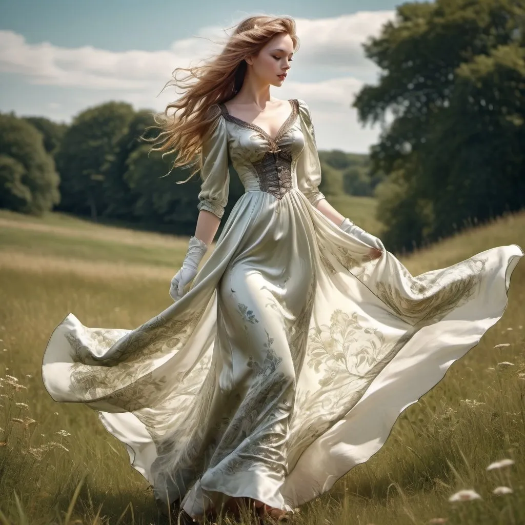 Prompt: full  body realistic, beautiful satin silk dress, flowing in the wind, Victorian, medieval fantasy intricate patterns, gloves, high heels, intricate boots glossy, detailed design, summer day, in a meadow, breeze in her hair, high quality, detailed, Victorian style, intricate patterns, beautiful  face, glossy finish, flowing fabric, summer breeze, detailed design, elegant, atmospheric lighting