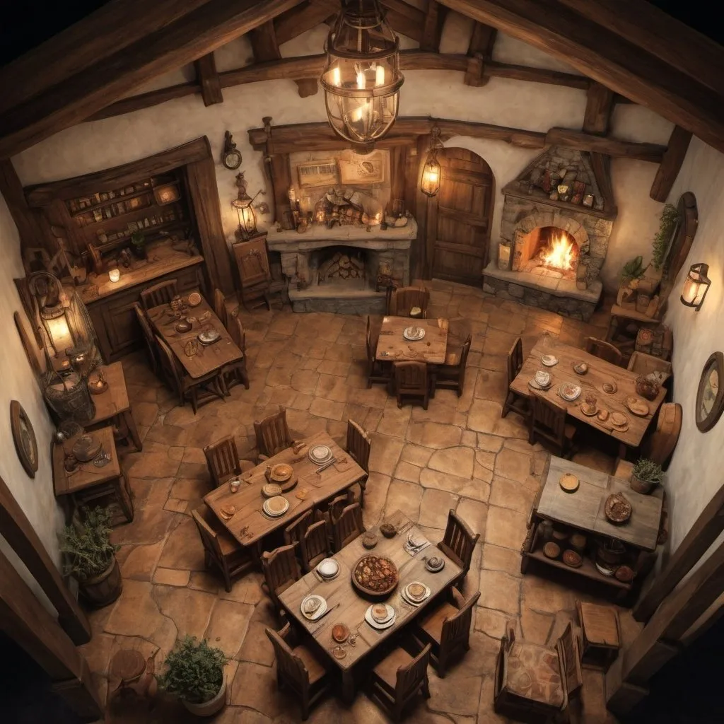 Prompt: Top view floor plan of a large medieval fantasy tavern, Anton Pieck style sketch, detailed interior layout, cozy and rustic atmosphere, warm earthy tones, intricate wooden furniture, chairs and tables, entance, common room, crackling fireplace, drinks and meals, whimsical decorations, high quality, detailed sketch, antique style, rustic, cozy atmosphere, warm earthy tones, detailed interior, crackling fireplace, whimsical decorations