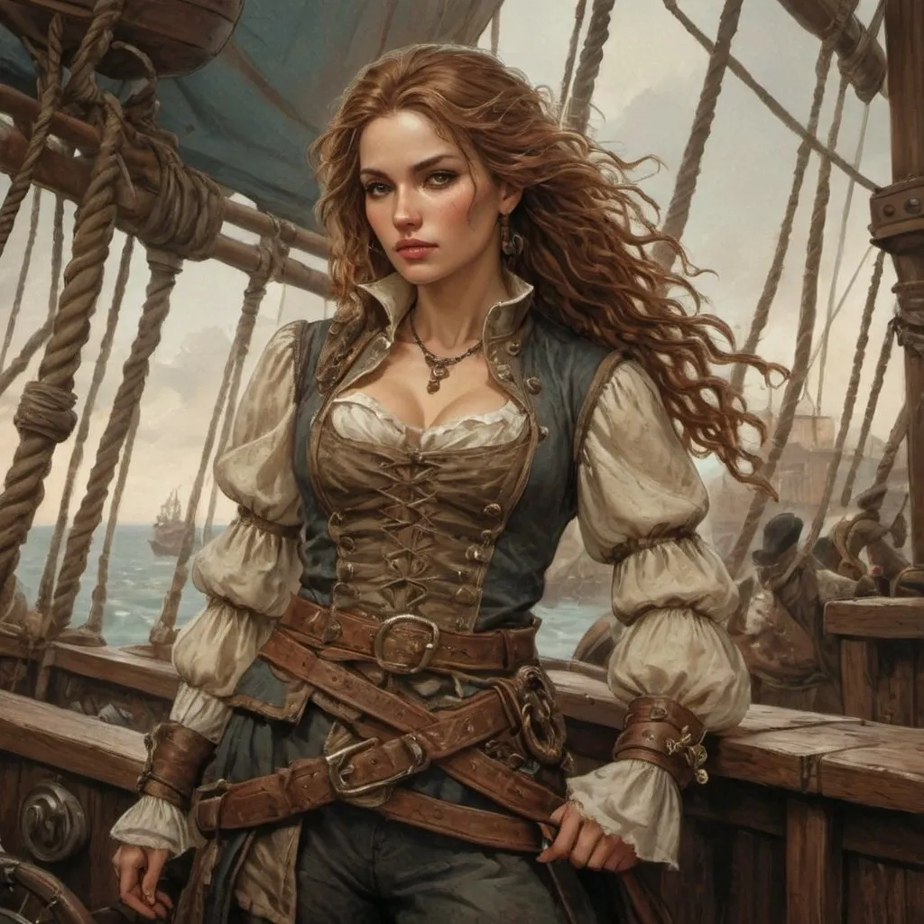 Prompt: Medieval fantasy fierce female pirate, Anton Pieck-style line art, detailed vintage attire, DnD charater, high quality, digital painting, antique color palette, atmospheric lighting, pirate narrative, female protagonist, vintage, detailed ship, fantasy, medieval, antique color tones, professional, atmospheric lighting