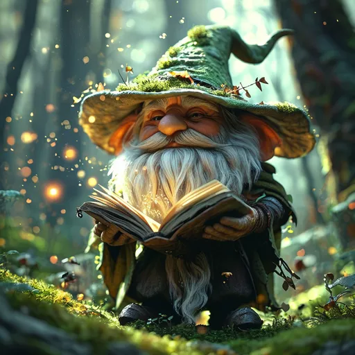 Prompt: (forest gnome druid with his nose in a spellbook), illuminating book, spell in the air, in a forest glade, animals watching, enchanted atmosphere, bioluminescent lighting, moss-covered ground, towering ancient trees, faint magical glows, warm color tones with hints of green and gold, mystical and serene, subtle light beams filtering through foliage, highly detailed, 4K resolution, cinematic quality.