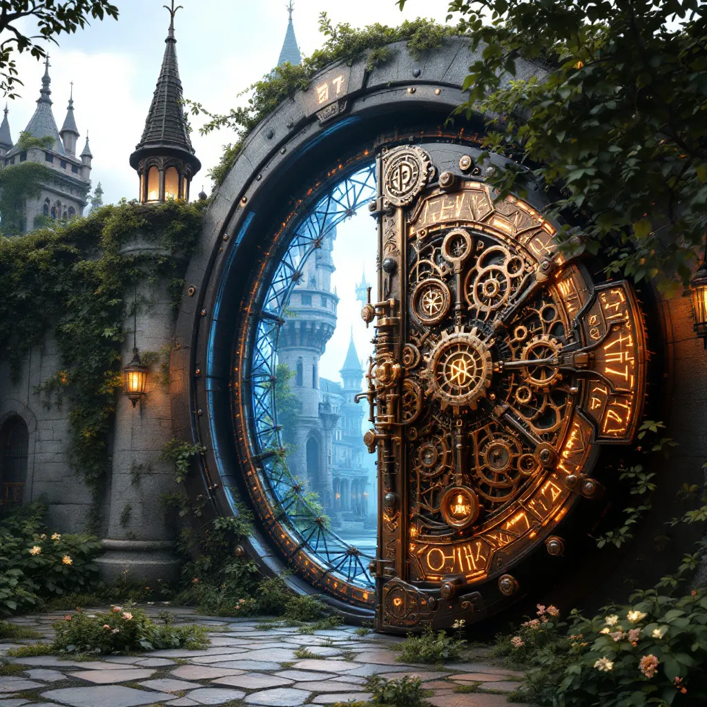 Prompt: digital art, magnificent mechanical sturdy vault door, intracate metullargy and magic, leading to a grand mansion, surrounded by rugged rocky terrain, abundant moss, and lush trees, glowing runes, through foliage, enchanting atmosphere, rich colors with high contrast, intricate details in the gate design, ultra-detailed, captivating, fantasy landscape with a sense of adventure and mystery