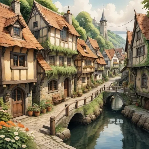 Prompt: (cozy anime village on the waterfront), (Anton Pieck style), watercolor animation, soft lighting, vibrant colors, medieval fantasy, colorful scenery, coblestone streets, tranquil atmosphere, warm tones, lush greenery, charming cottages, gentle water reflections, serene ambiance, vibrant flowers, picturesque detail, inviting pathways, ultra-detailed, HD.