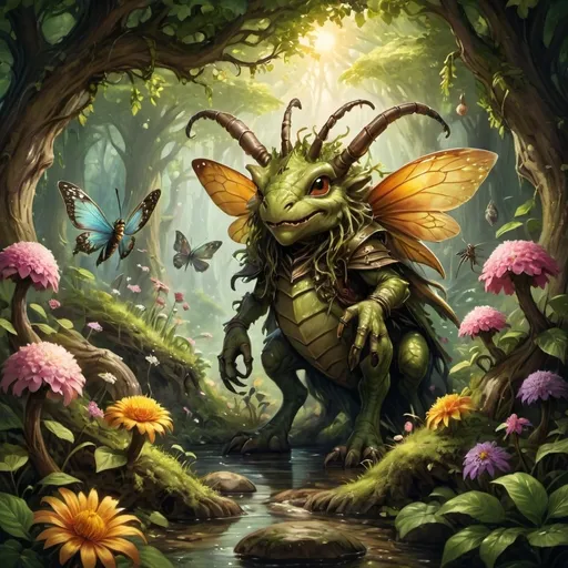 Prompt: (tiny DnD adventurers in a supersized macro world), (majestic flowers and roots), (medieval fantasy setting), (colossal insects), vibrant colors, cheerful sunlight, ultra-detailed, oil painting style, good lighting, lush greenery, expansive vista, fantastical elements