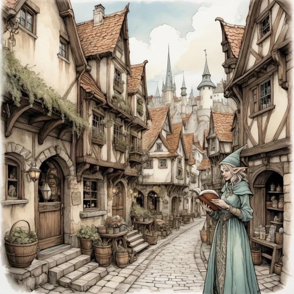 Prompt: highly detailed, Ink painting of a vintage fantasy DND character female elf mage browsing in Anton Pieck style quaint harbor village line art, detailed elven features, detailed faces, flowing detailed intricate mage robes, floating magic book, crowded marketplace, charming cobblestone streets, antique color palette, delicate line work, high quality, detailed, DND, female elf, quaint village,  ink painting, Anton Pieck style, line art, charming streets, vintage colors, detailed features, sunny atmosphere