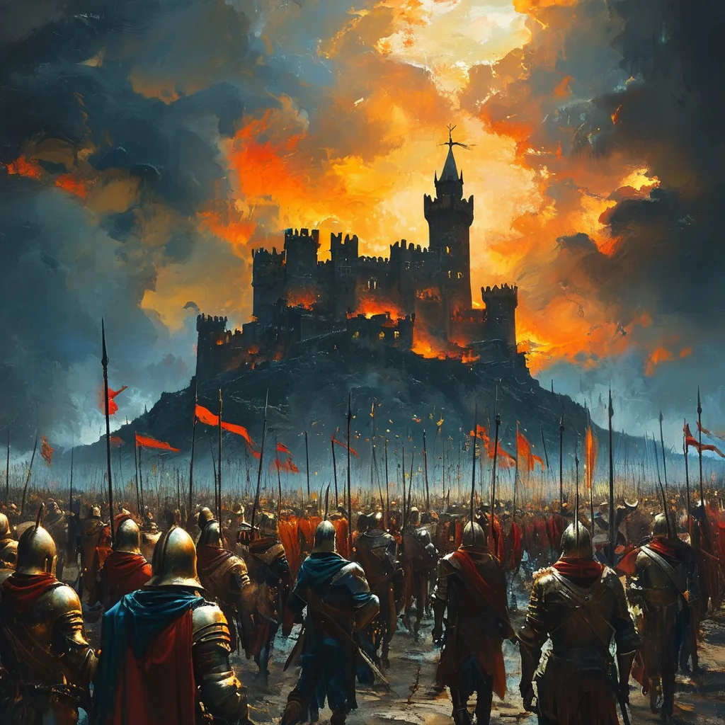 Prompt: (oil painting), epic medieval fantasy, (storming of the castle), armies marching in formation, powerful siege engines, spells arcing through the gloomy sky, dense dark clouds, (dramatic lighting), intense mood of impending doom, intricate details of armor and weaponry, atmospheric shadows, (HD) 고급 4k quality, deeply saturated color scheme adding to the darkness.