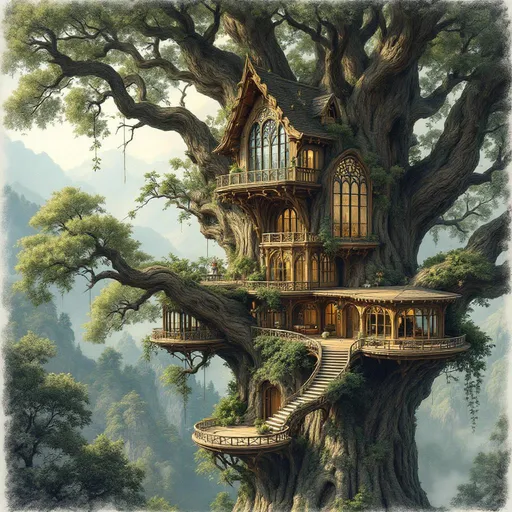 Prompt: Visualize a grand architectural sketch of a medieval fantasy treehouse home intergratd in a massiv tree, elegantly rising into the air. aerial view. Its majestic form is adorned with intricate stainless glass windows and wooden balconies, a vibe of natural elements and flowing rounbded shapes, The sketch displays faint pencil guidelines. Soft shadows play across the structure, the main house in color, giving depth and dimension, while gentle, ethereal light bathes the scene. The mood is both whimsical and inspiring, perfect for a concept art style that embodies a fusion of classical medieval elements and modern artistry.