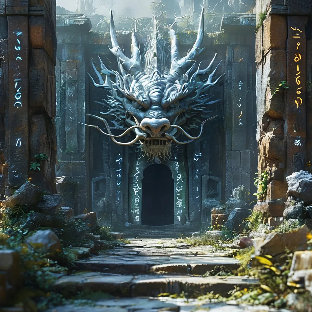 Prompt: (dragon statue mouth as a gateway), (magical portal), ethereal spells glowing, ancient ruins surrounded by mist, intricate glowing runes and glyphs illuminating the structure, mystical ambiance, deep blues and greens, warm highlights reflecting off stone, (highly detailed), evokes a sense of adventure and ancient mystery, enchanting atmosphere, (4K quality), cinematic depth.