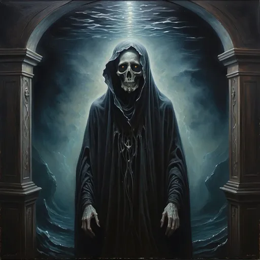 Prompt: Watcher of the deep, oil painting, eerie , mysterious figure emerging from the darkness, haunting atmosphere, high quality, detailed brushwork, atmospheric lighting, dark tones, ghostly presence, intricate details, subdued color palette