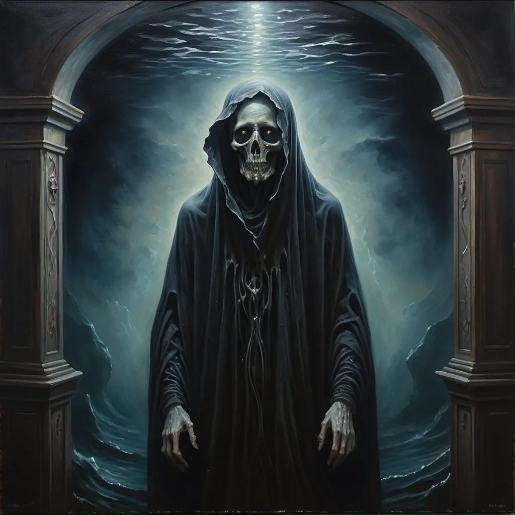 Prompt: Watcher of the deep, oil painting, eerie , mysterious figure emerging from the darkness, haunting atmosphere, high quality, detailed brushwork, atmospheric lighting, dark tones, ghostly presence, intricate details, subdued color palette