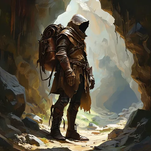 Prompt: (ant humanoid), medieval adventurer, dungeon crawling, exploring dimly lit caves, rugged landscape, richly detailed oil painting, expressive facial features, sturdy leather backpack, atmospheric shadows, vibrant earth tones, mysterious ambiance, high-quality craftsmanship, dynamic composition, encapsulating the spirit of adventure and discovery.