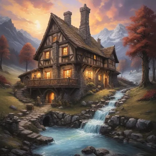 Prompt: DnD fantsay style oil painting of a magnificent woodbeam cottage with stone base and tower, magical atmosphere,  mysterious aura, mystical, enchanting, fantasy, surreal, enchanting aura, imaginative, whimsical, detailed shading, magical lighting, stream waterfall, frozen lake, valley, mountains