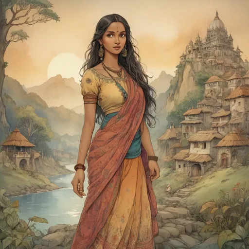 Prompt: (adivasi woman), (Anton Pieck style), vibrant colors, whimsical details, pretty indian face, happy colors, nostalgic atmosphere, natural surroundings, warm tones, flowing dress, intricate patterns, soft lighting, fantasy elements, inviting landscape, storytelling quality, enchanting scene, detailed texture, high-quality illustration, dreamy feel.