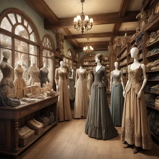 Prompt: Anton Pieck style illustration inside a large fantasy womens clothiers shop, mannequins, dresses gowns boots shown, cloaks, DnD style, overview, vintage paper texture, intricate line work, high detail, mystical atmosphere, warm and nostalgic tones, soft lighting, high quality, romantic