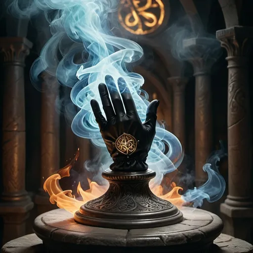 Prompt: (gloves of might), (swirling magical smoke), intricate design details, medieval fantasy ambiance, mystical symbolism, enchanting lighting, a stone pedestal adorned with ancient runes, vibrant colors highlighting the magical essence, high resolution, ethereal atmosphere, dynamic energy surrounding the gloves, cinematic depth