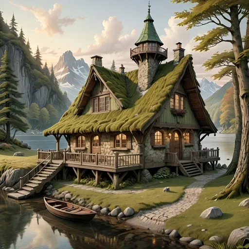 Prompt: Large Anton Pieck-style wood and stone cabin on the lakeside peninsula with a central tower, moss roof, mountainous region, old wooden rudderboat, forest and beach, stream,  waterfall, wildlife, vintage painting, deer, fox, squirl, detailed textures, serene atmosphere, wimsicle architecture,  warm tones, soft lighting, 4k, highres, nostalgic, detailed scenery, tranquil setting, vintage charm, summer sunset