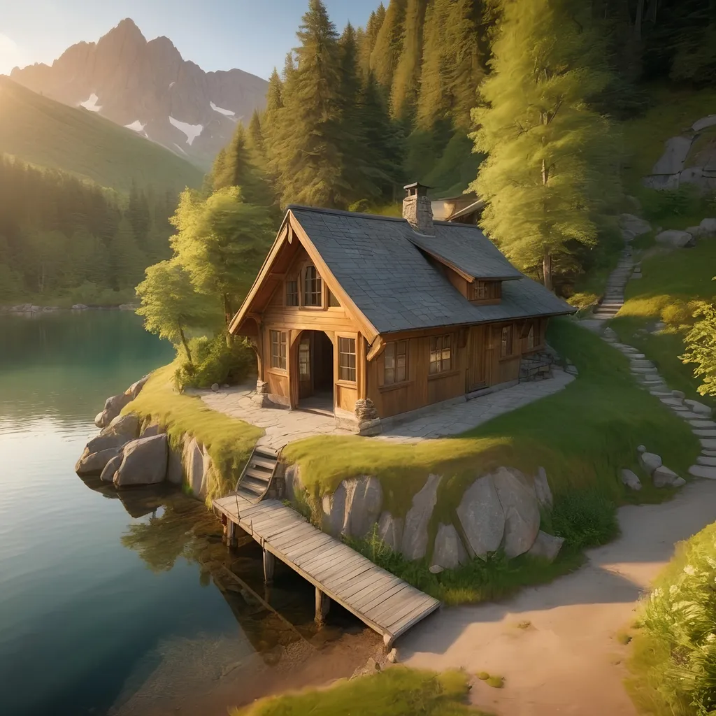 Prompt: aerial view, (boathouse at the shores of a tranquil mountain lake),  small mountain path leading to the front door, surrounding nature , fairytail like,  calm admosphere, waterfall in the background, rustic building, serenity, golden morning light, suns rays,  