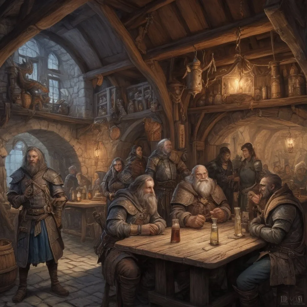 Prompt: anton pieck-style tavern with DnD adventurer characters ,medieval fantasy, high detail faces, dragon x elf, oil painting,  high-quality,   professional lighting, ultra-detailed, dignified stance,  professional lighting