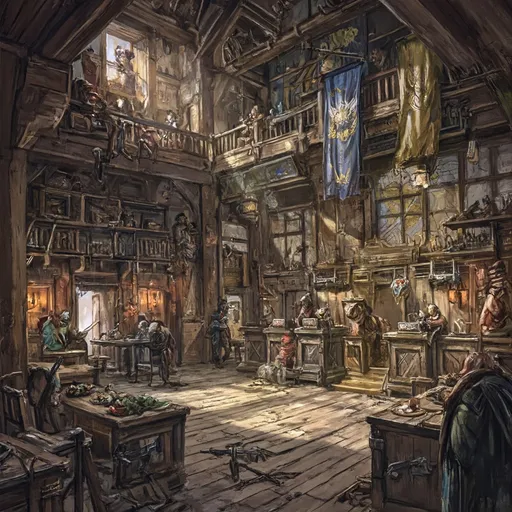 Prompt: Medieval fantasy adventurers guild, Anton Pieck style, (rustic wooden interior), large open rustic bank like rooms, (high security deposit counters with gates and tellers), DND characters, chairs and tables with food, highly detailed room, monster parts laying around, ambient warm lighting, maps and hunting trofees on the wall, detailed shadows, banners hanging from the ceiling, intricate woodwork, scattered adventurers' gear, cozy yet bustling vibe, various weapons displayed, (ultra-detailed),