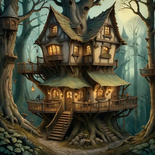 Prompt: Anton Pieck style illustration of a medieval fantasy treehouse tavern, birds eye view, in the dark forrest, vintage paper texture, intricate line work, high detail, mystical atmosphere, warm and nostalgic tones, soft lighting, high quality, magical artifacts, nostalgic, warm tones, soft lighting, warm window lighting.