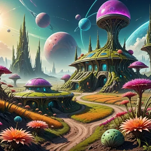 Prompt: (futuristic fortified farmstead on an alien world), (fantasy landscape), strange plants and creatures, (vivid alien flora), dual planets in the mesmerizing sky, (otherworldly colors), lush fields under vibrant hues, (surreal ambiance), enchanting atmosphere, (highly detailed, 4K), imaginative setting, captivating extraterrestrial elements.