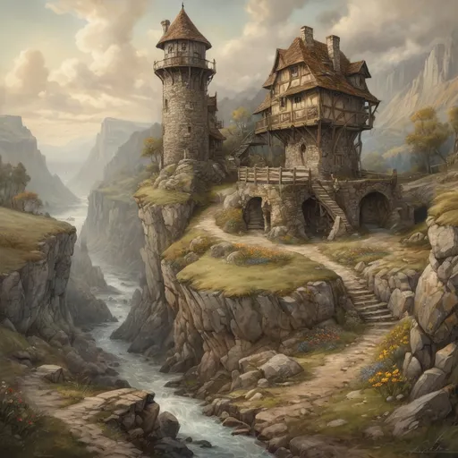 Prompt: (An oil painting of a rocky landscape with a stone roadside tavern and a lookout tower) in medieval fantasy style, anton pieck, dramatic lighting, detailed textures, wild stream, enchanting atmosphere, foggy valleys, ancient stone structures, wildflowers, rustic charm, ultra-detailed, high resolution, golden clouds, masterpiece quality, deep shadows rich contrast, realistic proportions, intricate details, nature's grandeur