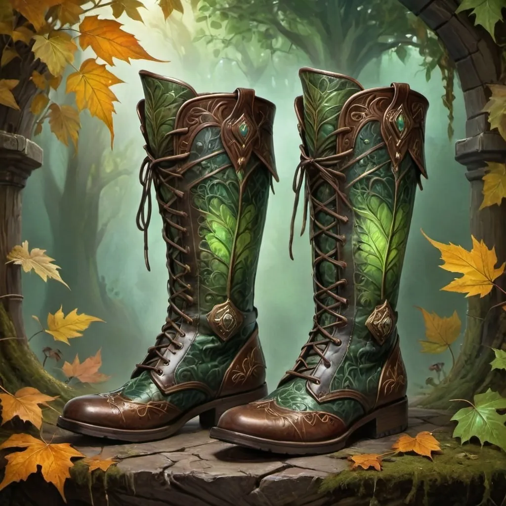 Prompt: (anton peak-style) oil painting , stand alone, (leaf pattern lace armorplated leather exploration boots), stylish medieval fantasy, (enchanted boots), magical illuminating smoke, intricate detailing, 
 magical glow, backgrounds of mystical forests, warm jewel tones, soft lighting effects, whimsical ambiance, high-quality 4K resolution, ultra-detailed texture, fantastical elegance.