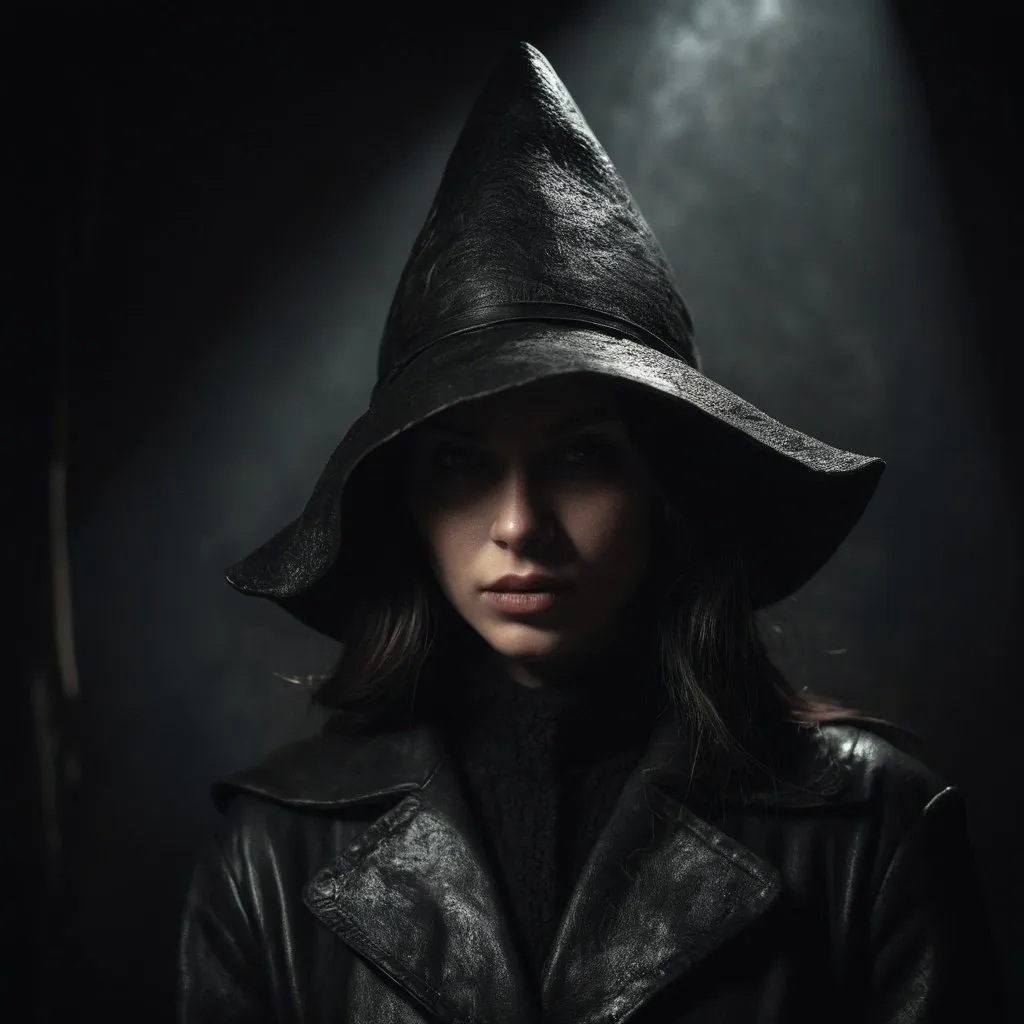 Prompt: Noir girl in rough leather overcoat and hat, dark and moody shadows, medieval fantasy, high contrast, dramatic lighting, cinematic, mysterious, detailed facial features, textured overcoat, gorgeous face, atmospheric, vintage style, high quality, cinematic, dramatic lighting