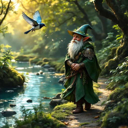 Prompt: DND adventurer gnome druid, wearing a whimsical leaf hat, walking through a lush green forest alongside a sparkling creek, a friendly magpie soaring playfully overhead, golden sunlight filtering through abundant tree canopies, creating a serene and enchanting atmosphere, cozy camp with a colorful tent further down the clearly defined pathway, ultra-detailed, high quality woodland scene, rich textures, vibrant colors, immersive fantasy world.