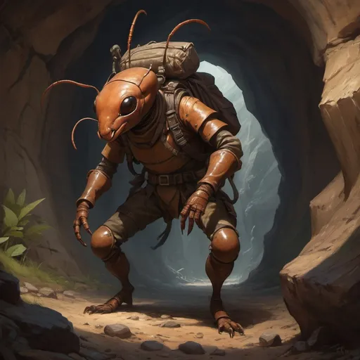 Prompt: (humanoid ant), DnD character, mandables,  medieval adventurer, dungeon crawling, exploring dimly lit caves, rugged landscape, richly detailed oil painting, expressive facial features, sturdy leather backpack, atmospheric shadows, vibrant earth tones, mysterious ambiance, high-quality craftsmanship, dynamic composition, encapsulating the spirit of adventure and discovery.