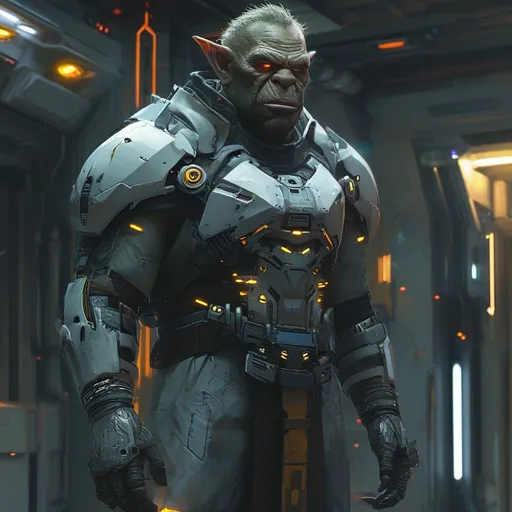 Prompt: Orc DND character, (high-tech futuristic space outfit), (ready for battle), (tech battle armor), intricate details, illuminated armor panels, sleek design, posture of confidence, (space station surroundings), spaceship and blinking control panels in the background, vibrant colors, contrasting shadows, immersive sci-fi ambiance, (4K ultra-detailed), dynamic energy.