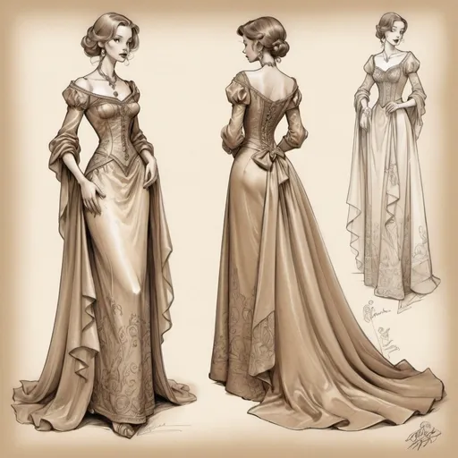 Prompt: Anton Pieck-style gown design sketches, vintage paper, line art, fantasy style, detailed, nostalgic, sepia tones, intricate linework, old-fashioned, vintage, high quality, professional, daring, satin silk, artistic, detailed, cozy atmosphere, antique style, romantic, soft lighting