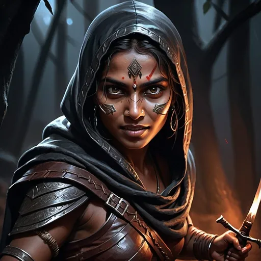Prompt: High-quality dark fantasy digital painting of a adivasi female assassin, detailed facial features, in action, intent to kill, dark atmosphere, intense and focused gaze, dynamic full body action pose, leather armor, cloak, mysterious and shadowy lighting, cinematic, intense, dark tones, assassin, digital painting, detailed eyes, professional, smiling
