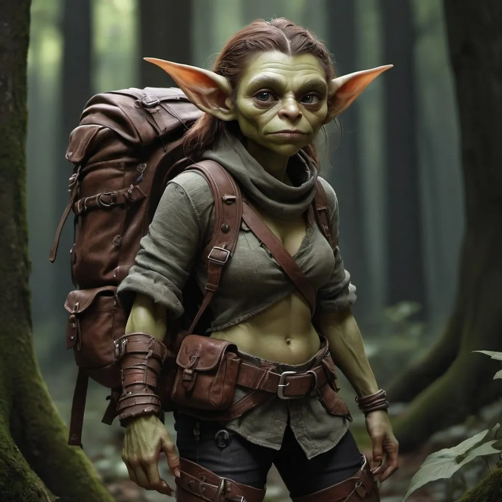 Prompt: gorgeous young female goblin, full body, digital art, high detail, realistic, dnd character style, dark lighting, forest, leather gear, backpack