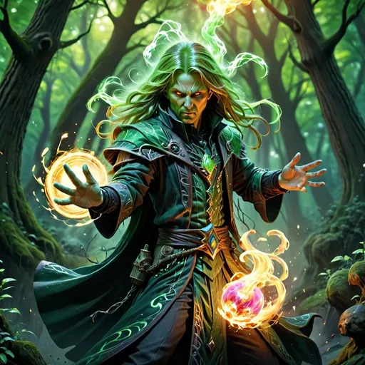 Prompt: (Minatour warlock character in action pose), surrounded by a mystical forest, shimmering spells swirling in the air, firing a vibrant fireball, (highly detailed), dynamic lighting, (fantastical atmosphere), lush greenery in the background, soft light filtering through the trees, (epic fantasy vibe), intense focus on the character’s expressions, (ultra-detailed, 4K resolution).