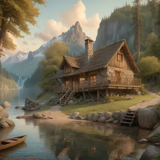 Prompt: Large Anton Pieck-style wood and stone cabin on the lakeside, mountainous region, old wooden rudderboat, forest and beach, stream,  waterfall, wildlife, vintage painting, detailed textures, serene atmosphere, wimsicle architecture, warm tones, soft lighting, 4k, highres, nostalgic, detailed scenery, tranquil setting, vintage charm, summer sunset