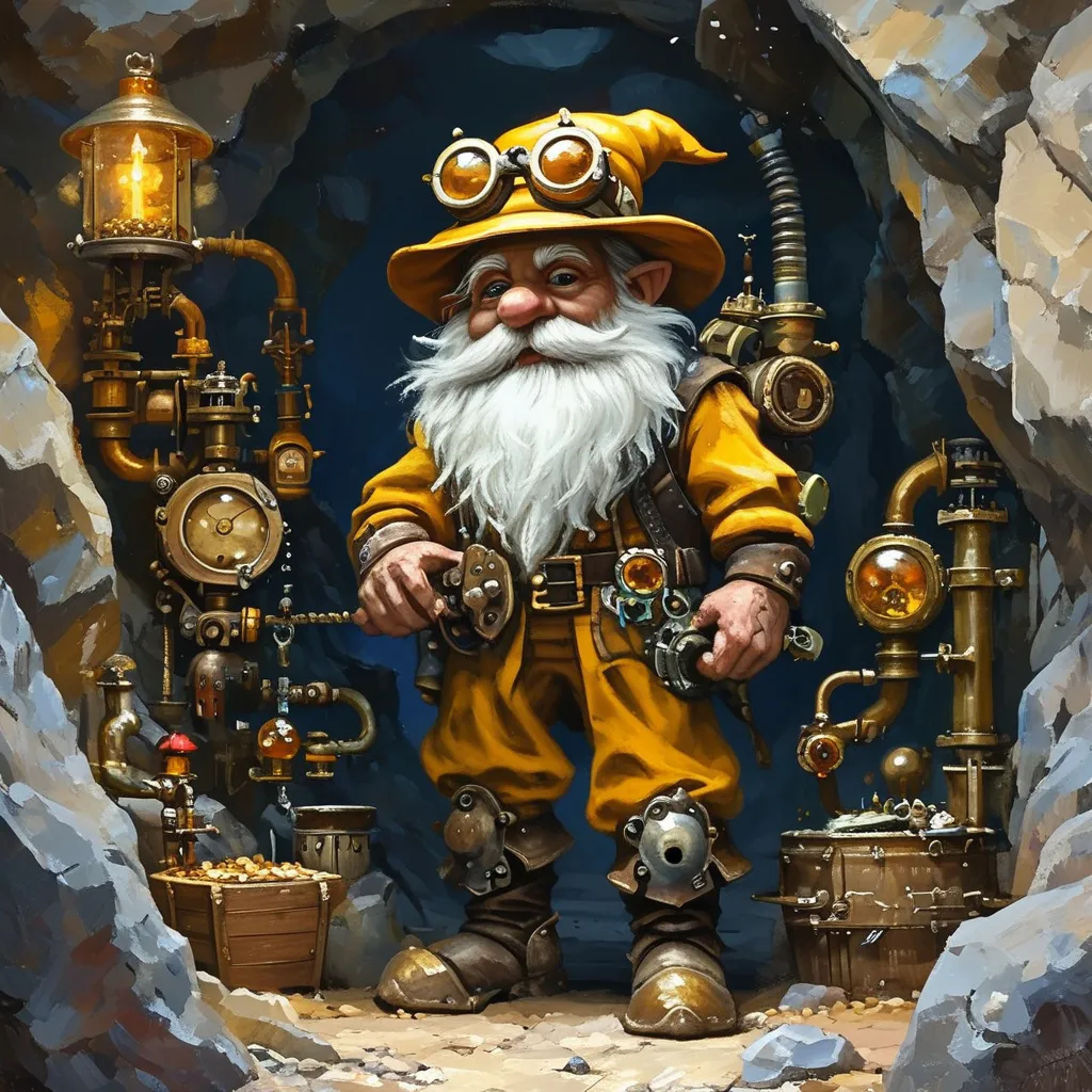 Prompt: (tinkering gnome DnD character), (oil painting in Anton Pieck style), set in a mine, with steampunk elements, intricate contraptions surrounding the character, earthy tones dominating the palette, rocky walls adorned with rugged stones, dimly lit atmosphere, realistic textures and details, a sense of adventure and fantasy, ultra-detailed, cinematic quality.