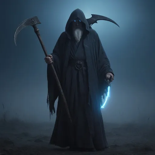 Prompt: (mysterious old man wielding a reaper scythe), dark grey tattered robes, an hourglass on his belt, (ancient blue illuminating eyes), night setting,  sunny day, fog, ultra-detailed, cinematic masterpiece, 4K.