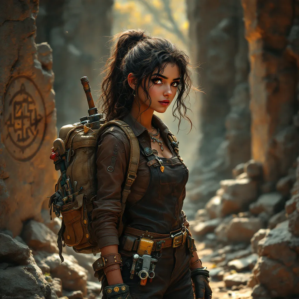 Prompt: digital art, Cute Tinkerer woman adventurer, adivasi appearence, with glowing doe-eyed brown eyes, medieval fantasy setting, wearing leather overalls, heavy boots, and jacket backpack, adorned with various tools, chaotic hair flowing wildly, showcasing a toned physique, exploring ancient ruins filled with mystical traps, dramatic lighting creating shadows, lush overgrown vegetation in the background, atmospheric tension and excitement, detailed, capturing the essence of adventure and discovery.