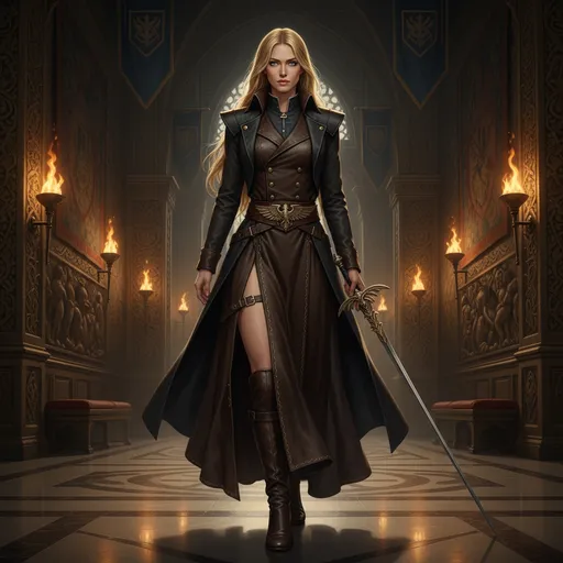 Prompt: Imagine a striking scene inside the opulent palace of the emperor, where shadows dance across the lavishly adorned walls, illuminated by flickering torches casting a warm, golden glow. At the center stands a gorgeous elegant woman with golden hair that cascades over her shoulders and piercing blue eyes, exuding an air of authority. showing the entire body of a lean, athletic figure, dressed in a flowing soft leather  military Inquisition uniform dress and topped by a tailored closed buttonned coat, accentuating her dominance and elegance. Her piercing gaze surveys the chamber with a confident intensity, her dark attire commands the hall. This image captures the essence of  meideval fantasy fantasy concept art, with rich textures that emphasizes her commanding presence. in a photo realistic style