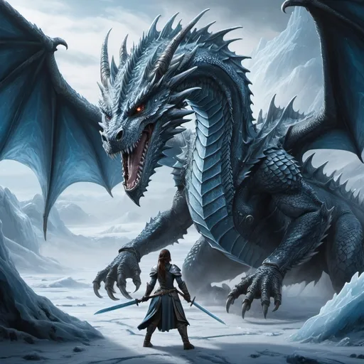 Prompt: oil painting of a (frost dragon ambush), scene of intense medieval fantasy, against a (female warrior) poised for battle, surrounded by swirling ice and frost, cold blue tones, dark, moody atmosphere, detailed dragon features glistening with ice, battle-ready stance with a sword in hand, intricate armor designs reflecting icy textures, snowy landscape background, high-quality 4K resolution, ultra-detailed and dynamic composition.